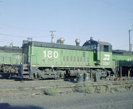 Burlington Northern diesel locomotive 180 at Pasco, Washington in 1980.