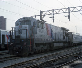 New Jersey Transit Lines diesel locomotive 4158 at Hoboken, New Jersey in April 1988.