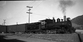 Pacific Coast Railway steam locomotive number 105 at San Luis Obispo, California in 1938.