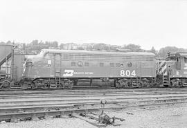 Burlington Northern diesel locomotive 804 at Seattle, Washington in 1973.