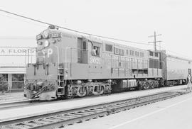 Southern Pacific Railroad diesel locomotive number 3021 at Redwood City, California in 1973.