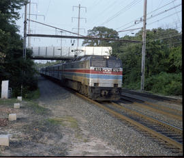 Amtrak electric locomotive 970 at Bowie, Maryland on July 5, 1982.