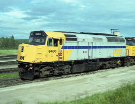 VIA Rail Canada diesel locomotive 6400 at Horne Payne, Ontario on July 06, 1990.