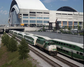 Toronto GO Transit commuter trains at Toronto, Ontario on July 05, 1990.