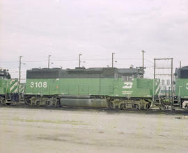 Burlington Northern diesel locomotive 3108 at Tulsa, Oklahoma in 1982.