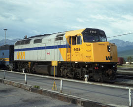 VIA Rail Canada diesel locomotive 6453 at Jasper, Alberta on August 09, 1989.