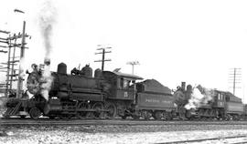 Pacific Coast Railroad steam locomotives number 15 and 14 at Auburn, Washington, circa 1950.