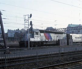 New Jersey Transit Lines diesel locomotive 4103 at Hoboken, New Jersey in April 1988.