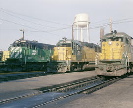 Burlington Northern diesel locomotive 5377 at Proviso, Illinois in 1986.