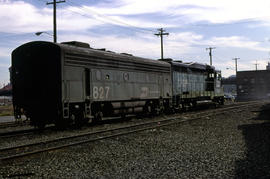 Burlington Northern Railroad Company diesel locomotive 827 at Portland, Oregon in 1978.