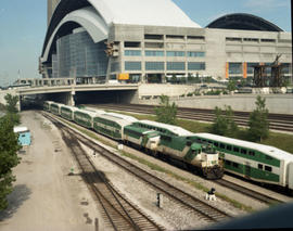 Toronto GO Transit commuter trains at Toronto, Ontario on July 05, 1990.