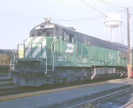 Burlington Northern diesel locomotive 5377 at Proviso, Illinois in 1986.