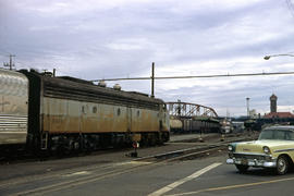 Burlington Northern Railroad Company diesel locomotive 9954 at Portland, Oregon in 1969.