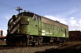 Burlington Northern Railroad Company diesel locomotive 726 at Portland, Oregon in 1978.