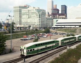 Toronto GO Transit passenger cars at Toronto, Ontario on July 5, 1990.