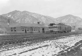 Northern Pacific gas-electric motor car number B-23 at Paradise, Montana, in 1952.