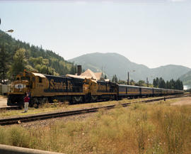 Rocky Mountaineer diesel locomotive 7498 at Boston Bar, British Columbia on July 15, 1990.