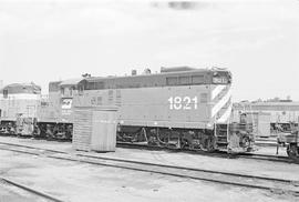 Burlington Northern diesel locomotive 1821 at Havre, Montana in 1972.