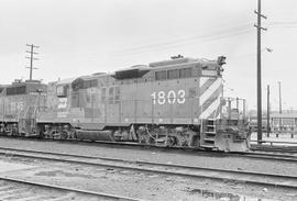 Burlington Northern diesel locomotive 1803 at Portland, Oregon in 1971.