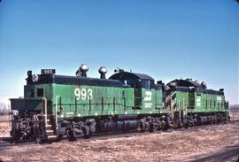 Burlington Northern diesel locomotives Number 993, Number 995 in Wyndmere, North Dakota in 1981