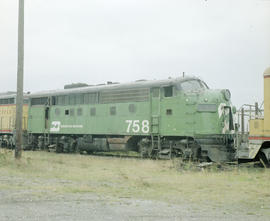 Burlington Northern diesel locomotive 758 at Tacoma, Washington in 1980.