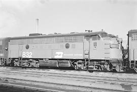 Burlington Northern diesel locomotive 832 at Livingston, Montana in 1972.