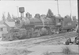 Rayonier, Incorporated steam locomotive 3100 at Railroad Camp, Washington, circa 1949.