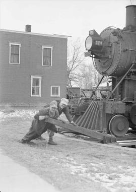 Northern Pacific steam locomotive number 328 at Grantsburg, Wisconsin, in 1950.