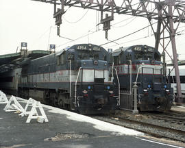 New Jersey Transit Lines diesel locomotive 4151 at Hoboken, New Jersey in April 1988.