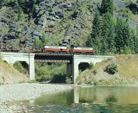 Saint Maries River Railroad Diesel Locomotives Number 502 and 501 at Avery, Idaho in August 1981.