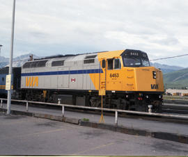 VIA Rail Canada diesel locomotive 6453 at Jasper, Alberta on August 09, 1989.