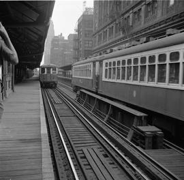 Chicago Transit Authority elevated streetcars in Chicago, Illinois on July 13, 1964.