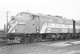 Burlington Northern diesel locomotive 9806 at Ellensburg, Washington in 1971.