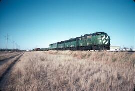 Burlington Northern Diesel Locomotives 784, 717 and 733 at Minneapolis, Minnesota in 1980