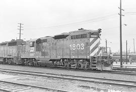 Burlington Northern diesel locomotive 1803 at Portland, Oregon in 1971.