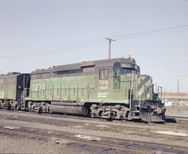 Burlington Northern diesel locomotive 2203 at Portland, Oregon in 1979.