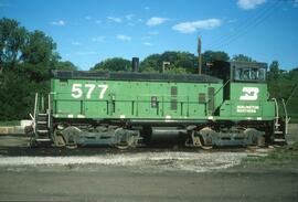 Burlington Northern diesel locomotive Number 577 at Omaha, Nebraska in 1979