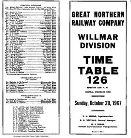 Great Northern Railway (GN) Willmar Division Employee Timetable Number 126, October 29, 1967