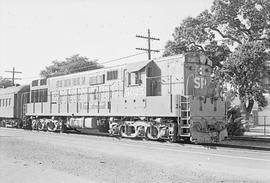 Southern Pacific Railroad diesel locomotive number 3025 at Menlo Park, California in 1973.