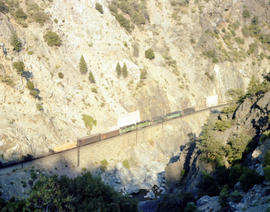 Western Pacific Railroad diesel locomotive 3504 in Feather River Canyon, California on August 19,...