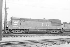 Burlington Northern diesel locomotive 5452 at Lincoln, Nebraska in 1972.