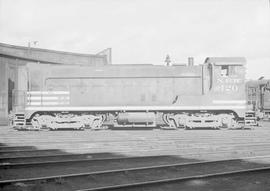 Northern Pacific diesel locomotive number 120 at Auburn, Washington, circa 1949.