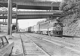 Burlington Northern diesel locomotive 6011A at Tacoma, Washington in 1970.