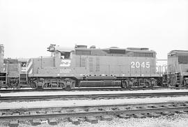 Burlington Northern diesel locomotive 2045 at Lincoln, Nebraska in 1972.