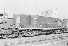 Northern Pacific diesel locomotive number 908 at Tacoma, Washington, in 1970.