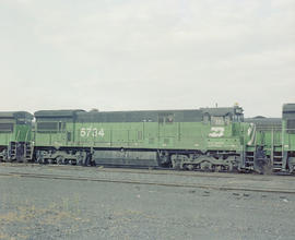 Burlington Northern diesel locomotive 5734 circa 1980.