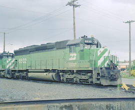 Burlington Northern diesel locomotive 6532 at Portland, Oregon in 1981.