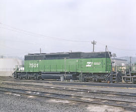 Burlington Northern diesel locomotive 7501 at Portland, Oregon in 1984.