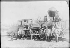 Northern Pacific steam locomotive 329 at Kalama, Washington, circa 1885.