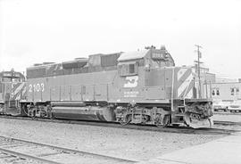 Burlington Northern diesel locomotive 2103 at Centralia, Washington in 1975.